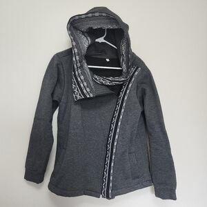 Guatemalan Asymmetrical Mayan Print Cowl Neck Zip Up Hoodie Grey Black Medium